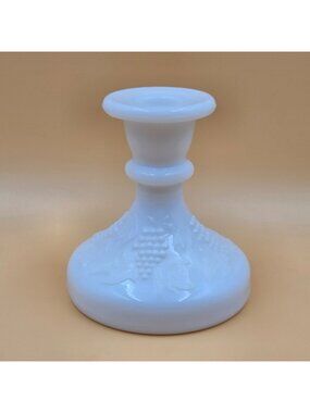 L E Smith Grapes and Leaves Milk Glass Candlestick Vintage